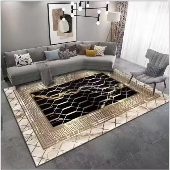 Black and gold rug in a living room